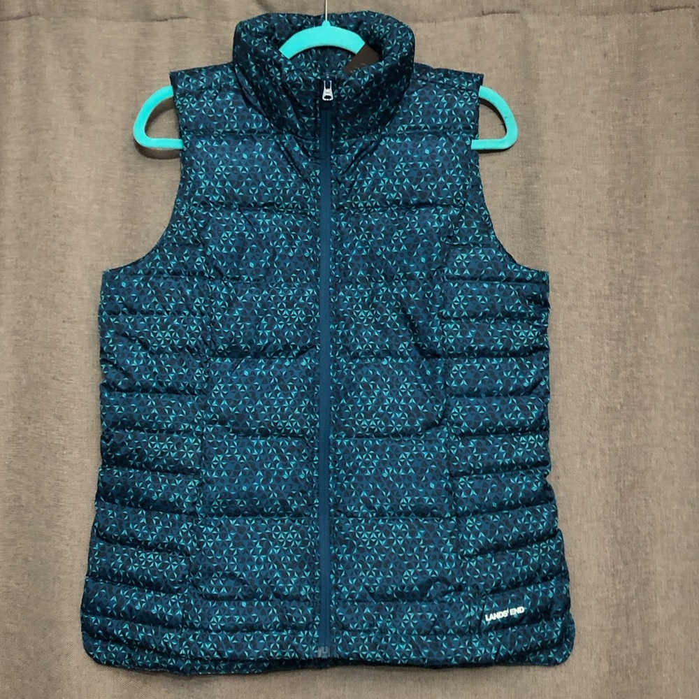 Lands' End Tall Down Puffer Vest 600 fill power Balsam Teal Micro Geo Medium New